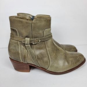 Porto Fino Khaki Green Distressed Leather Buckle Ankle Boots